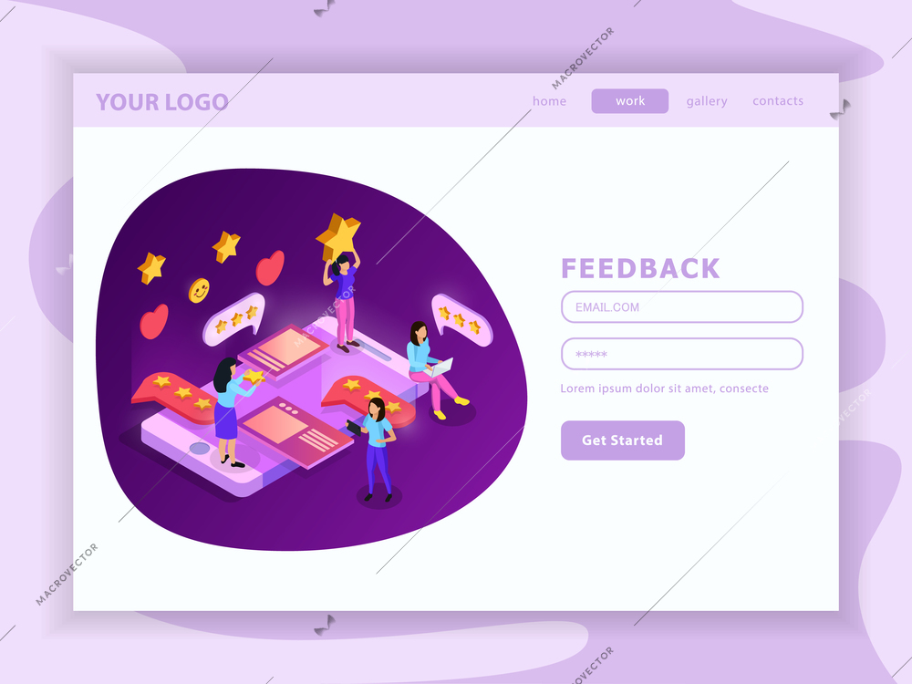 CRM system feed back isometric landing web page with user account and interface elements vector illustration
