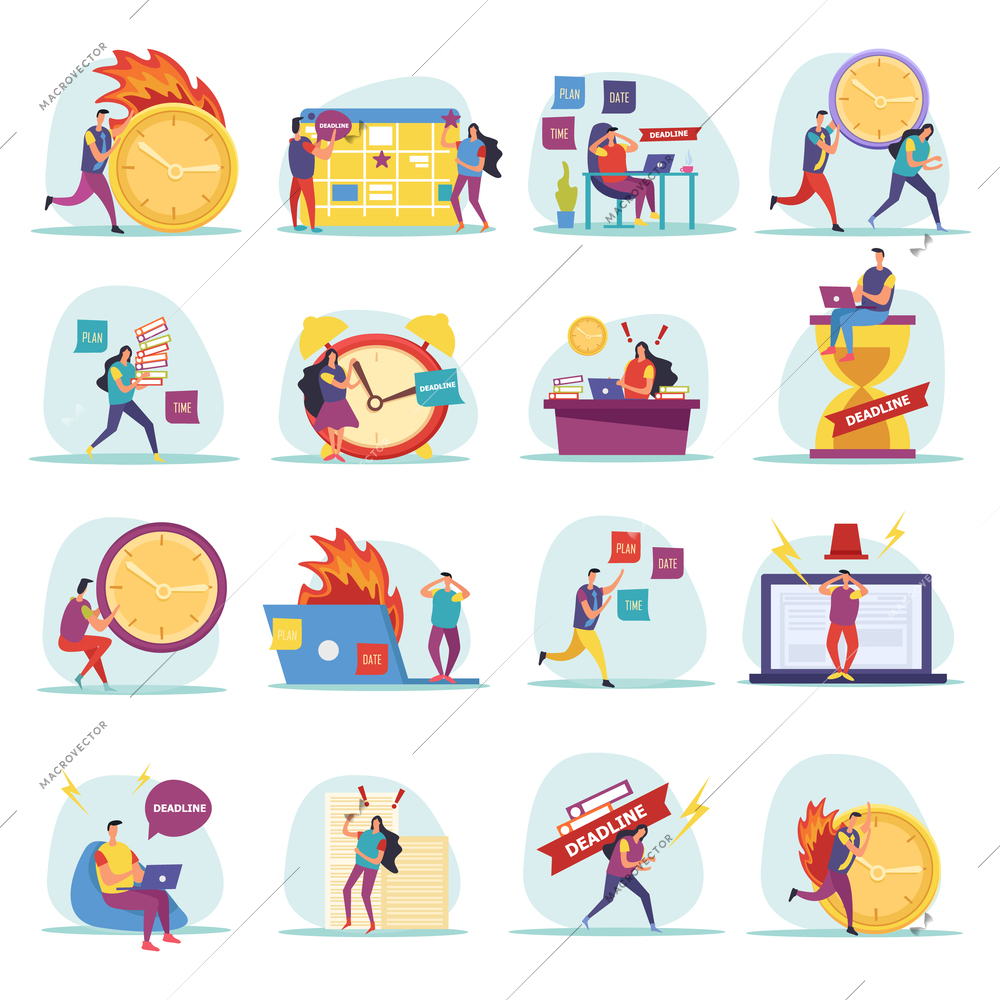 Deadline flat icons with hurrying and worried human characters during work isolated vector illustration