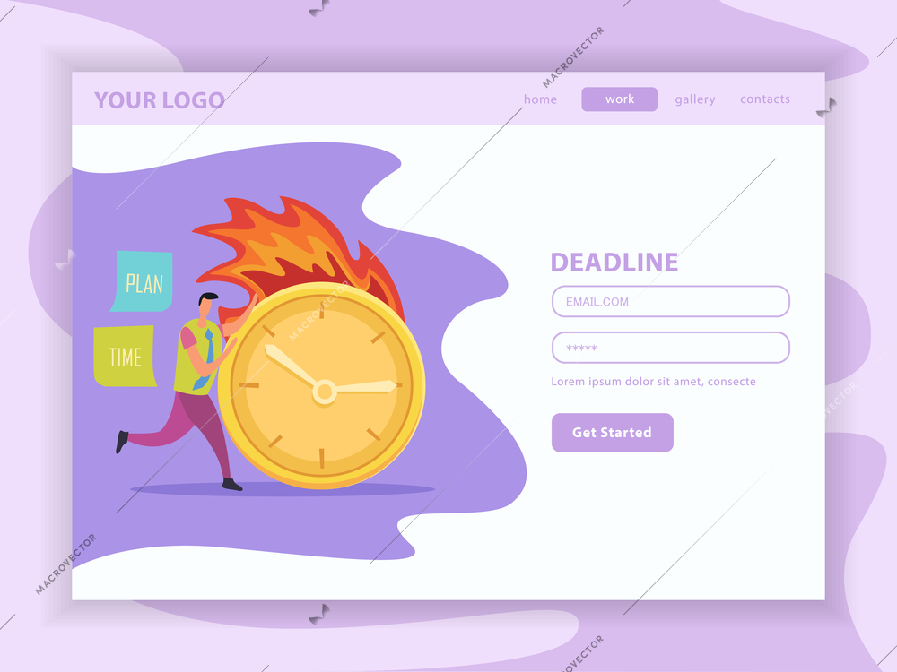 Deadline flat landing web page with user account and running human character with burning clock vector illustration