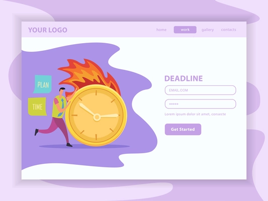 Deadline flat landing web page with user account and running human character with burning clock vector illustration