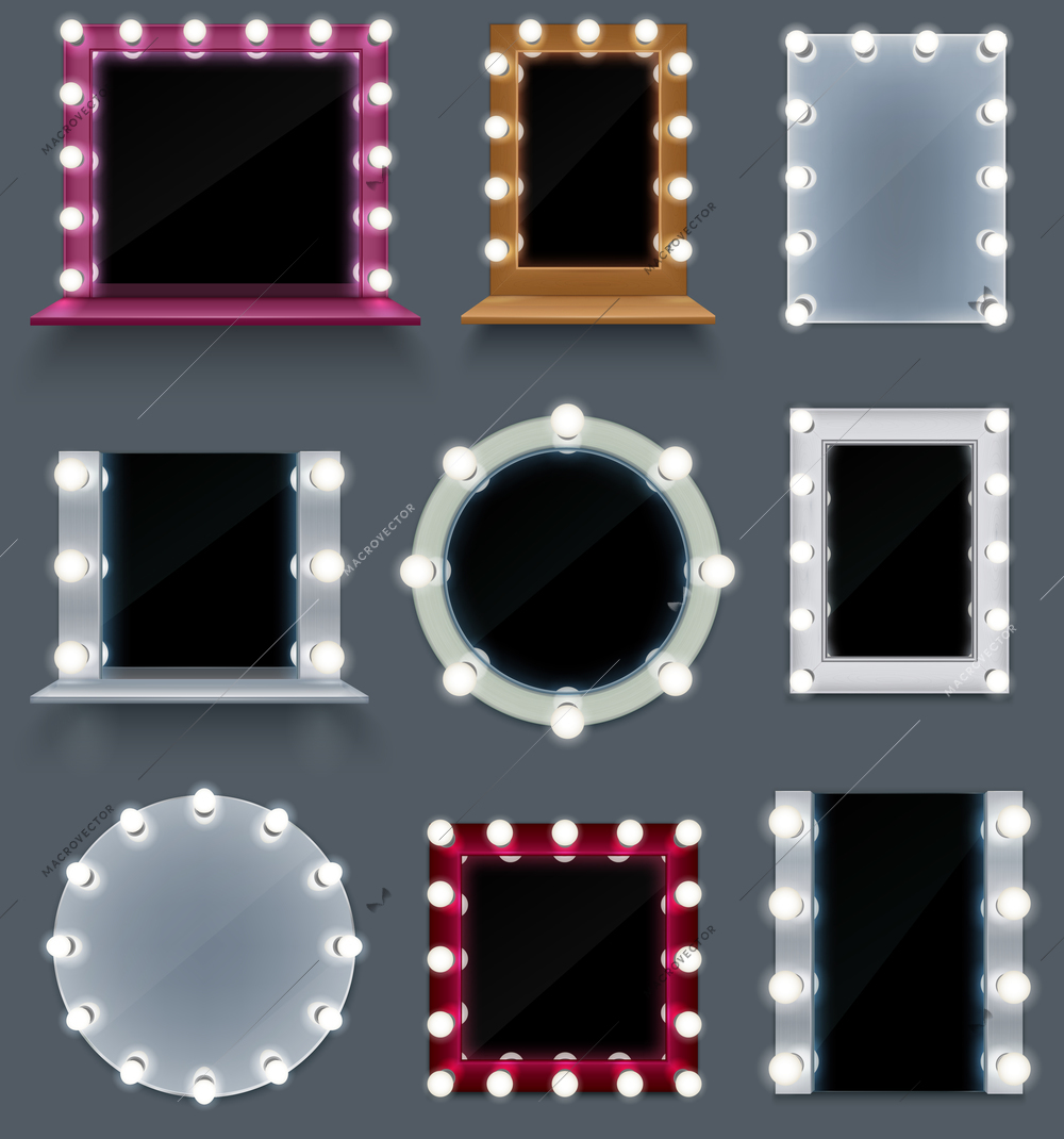 Realistic set of colorful make up mirrors of different shape with light bulbs isolated on grey background vector illustration