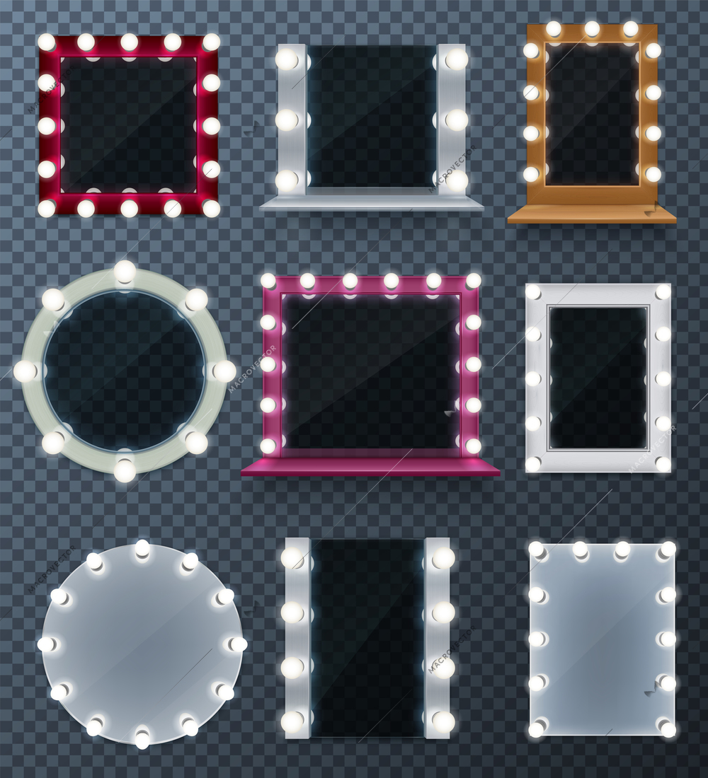 Wall makeup mirrors with different frames and lamps realistic set isolated on transparent background vector illustration