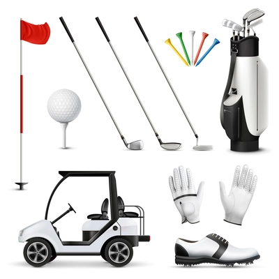 Realistic set of golf equipment and player garment isolated on white background vector illustration