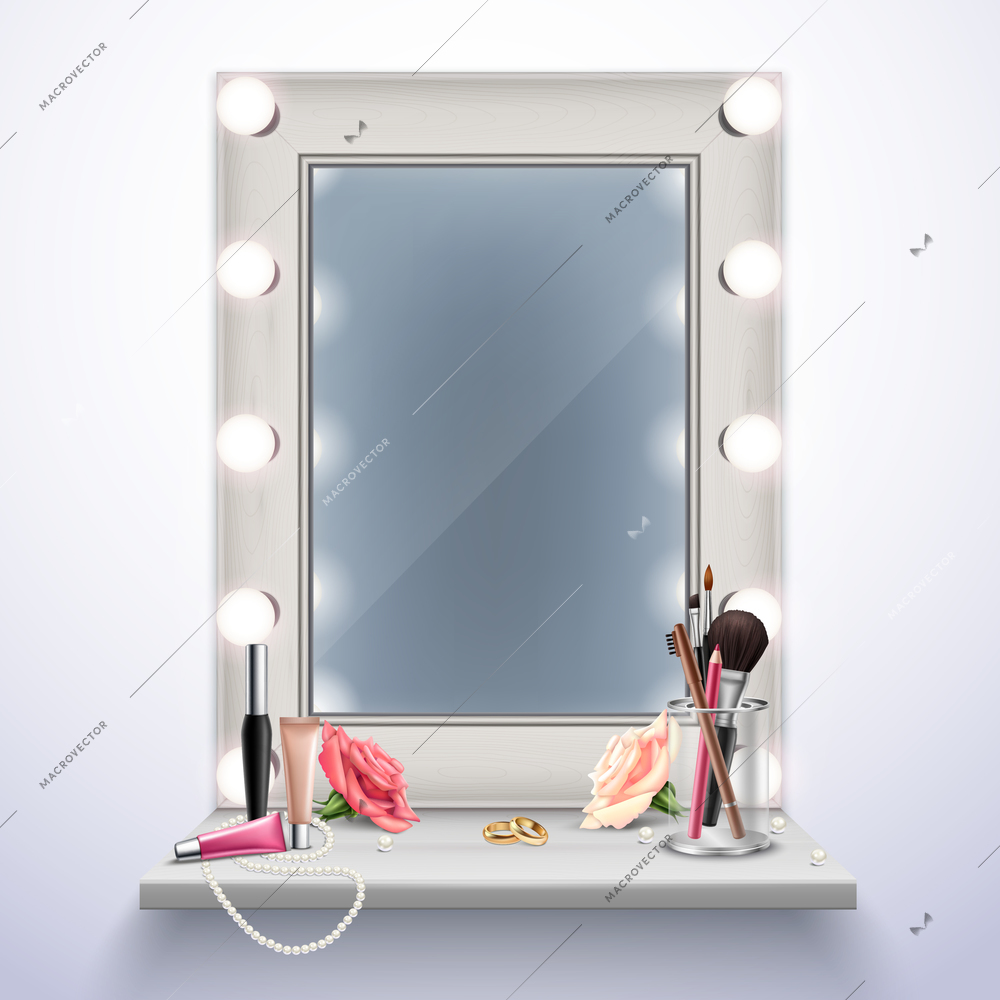 Makeup mirror cosmetics and jewelry for bride realistic composition vector illustration