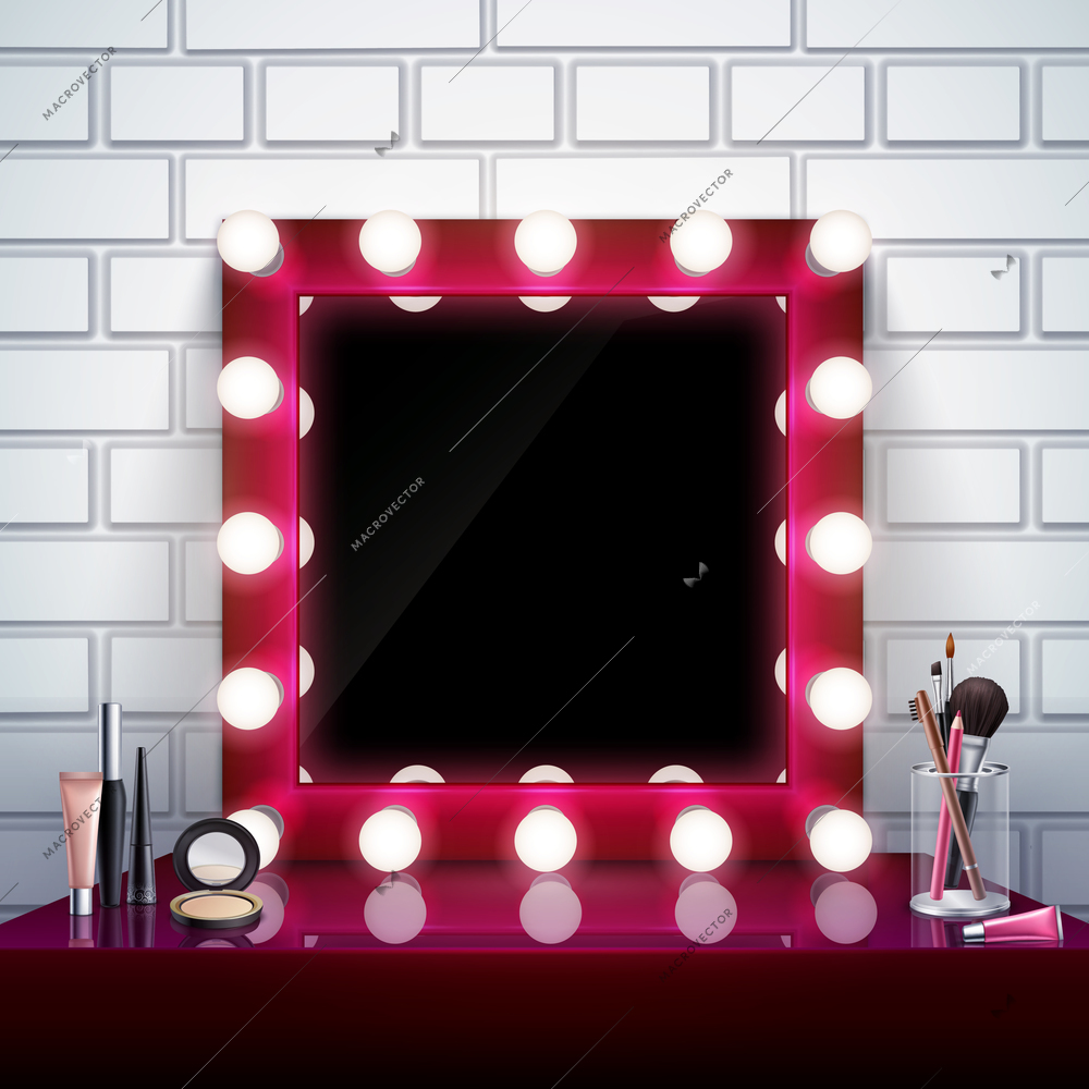 Realistic composition with pink makeup mirror cosmetics and brushes on table vector illustration