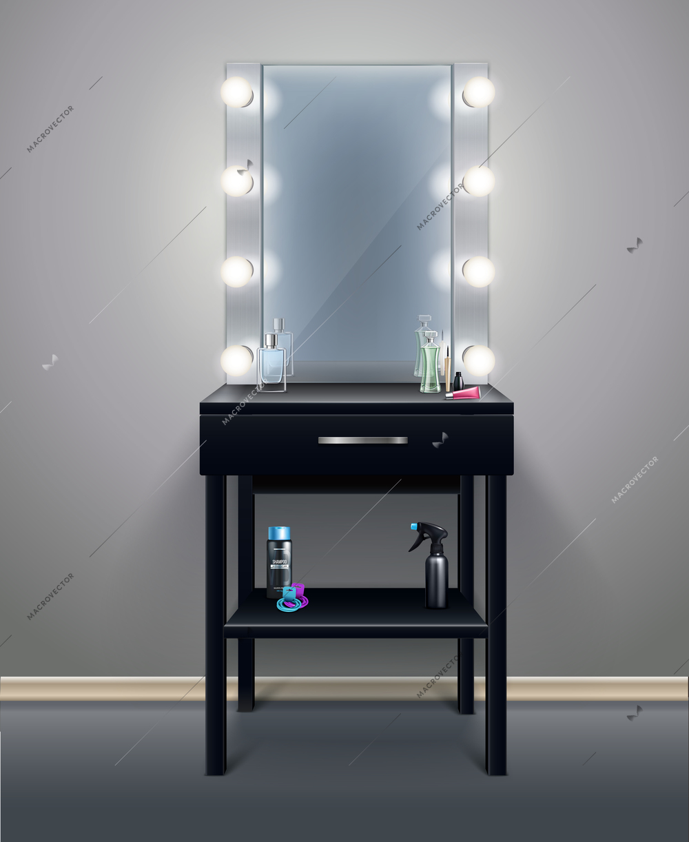 Professional makeup mirror with turned on lights in empty room realistic composition vector illustration