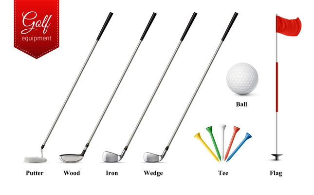 Various golf equipment set with different types of clubs tee ball and flag realistic  isolated vector illustration