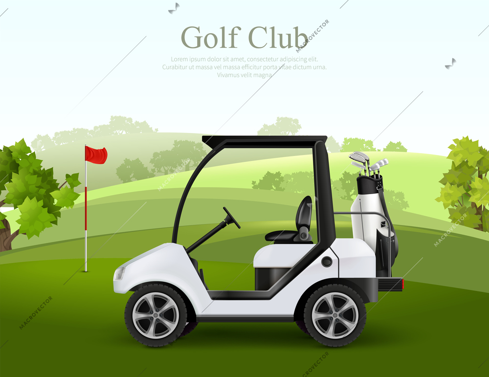 Empty golf car with bag of clubs on green field realistic vector illustration