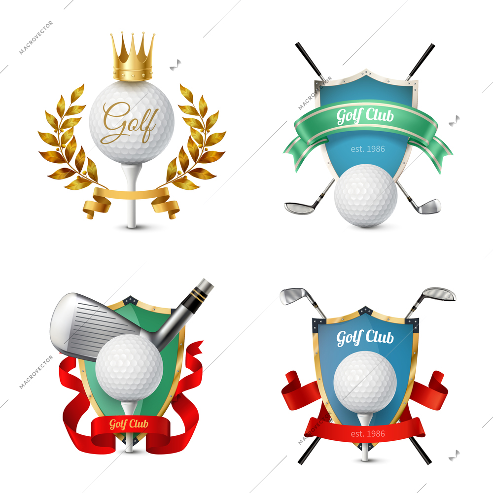 Beautiful colorful emblems of various golf clubs with balls shields ribbons isolated on white background realistic vector illustrationf
