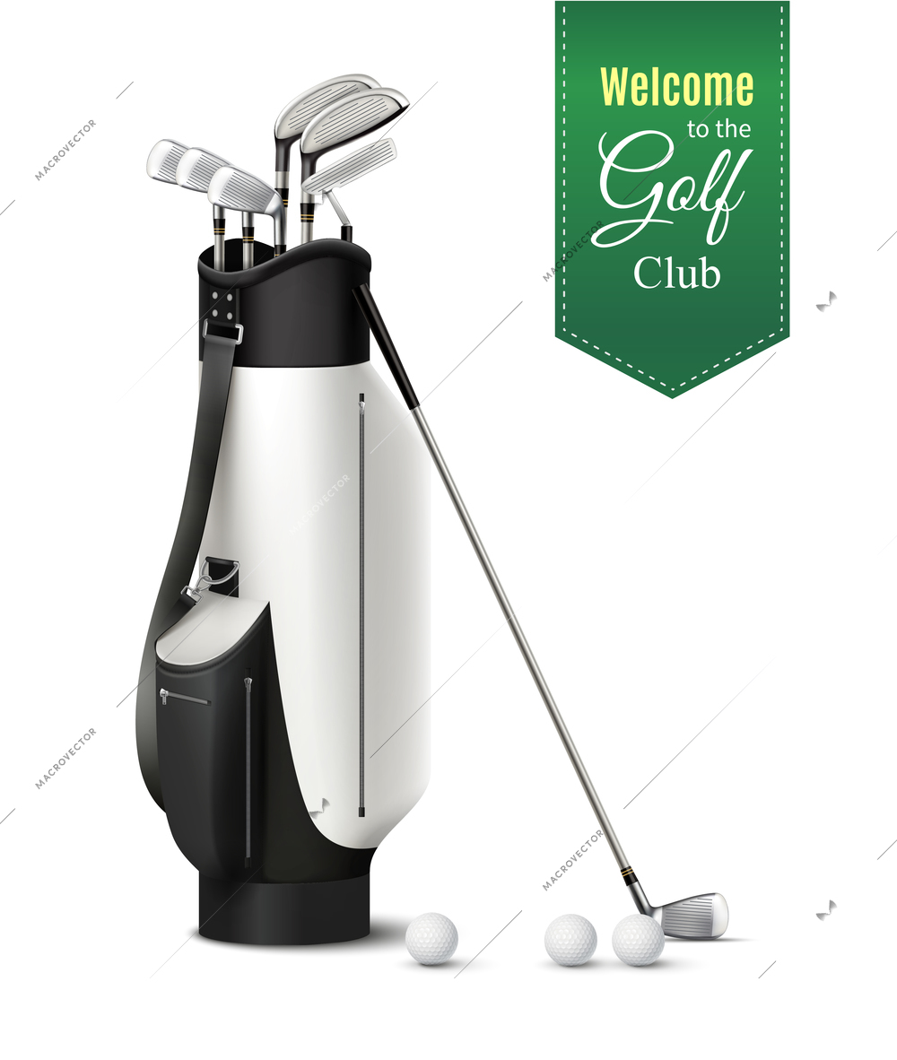 Bag of various golf clubs and balls realistic set on white background vector illustration