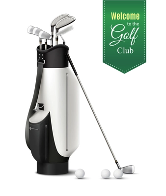 Bag of various golf clubs and balls realistic set on white background vector illustration