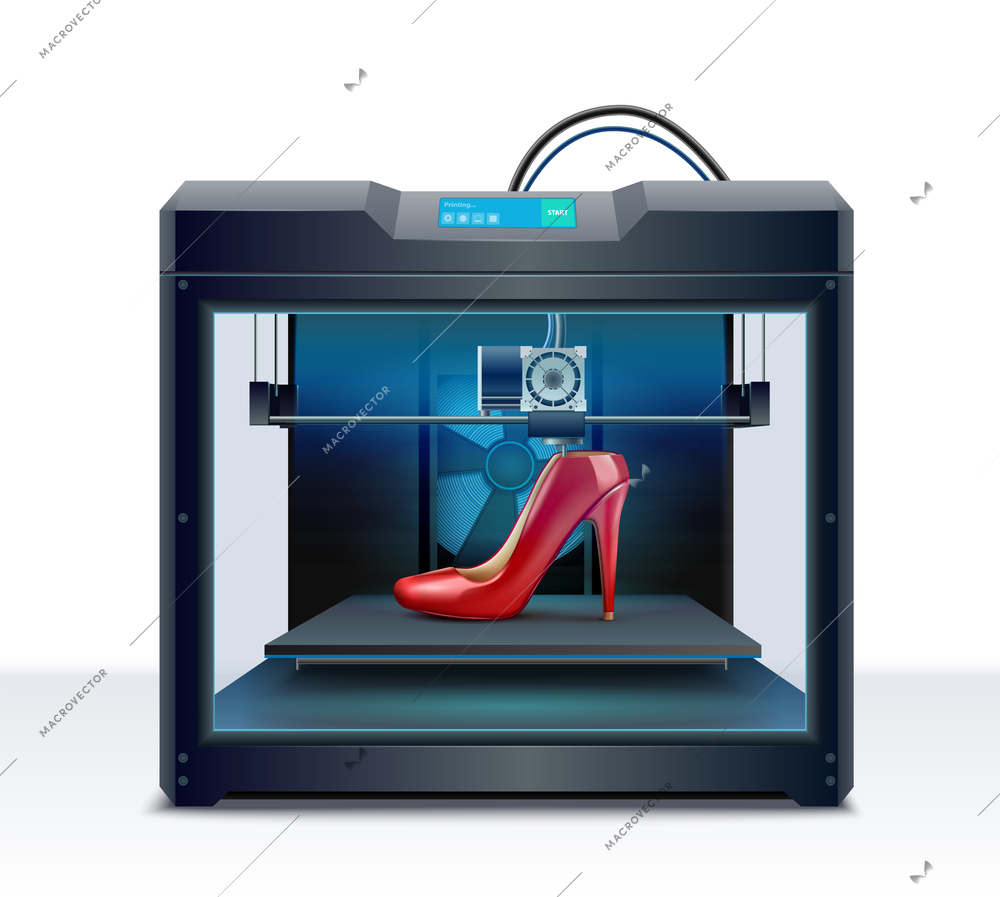 3d printing of red high heeled shoe process isometric composition vector illustration