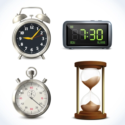 Realistic clock set of  retro stopwatch digital sand watch isolated vector illustration