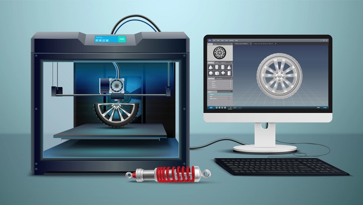 Isometric composition with computer and 3d printing process vector illustration