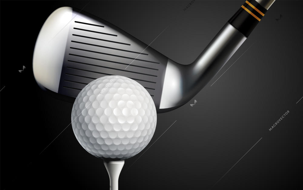 Golf club and ball on black background realistic vector illustration