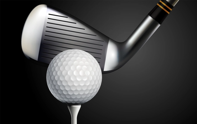 Golf club and ball on black background realistic vector illustration