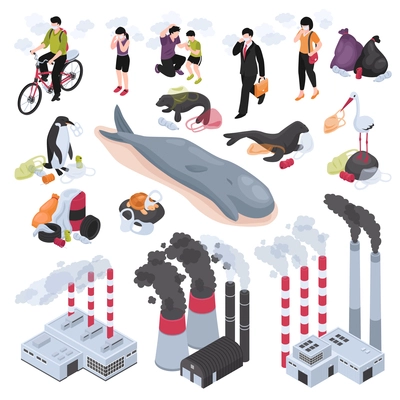 Pollution isometric set with water and air pollution symbols isolated vector illustration