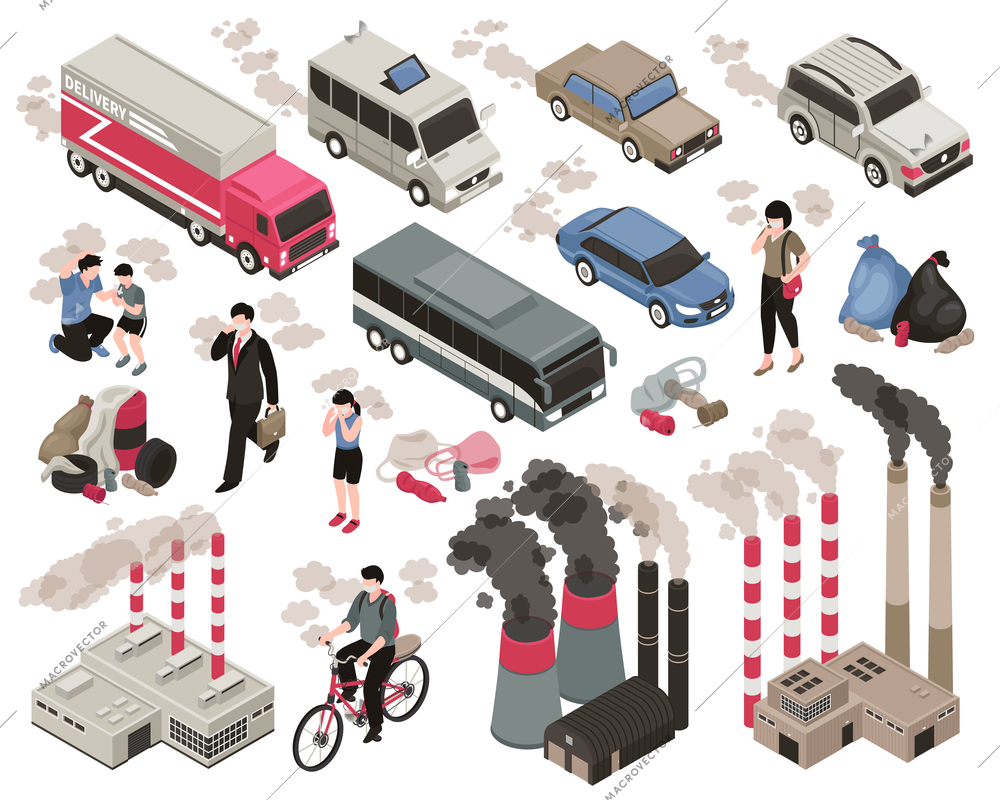 Air pollution in city isometric set with indusrty symbols isolated vector illustration