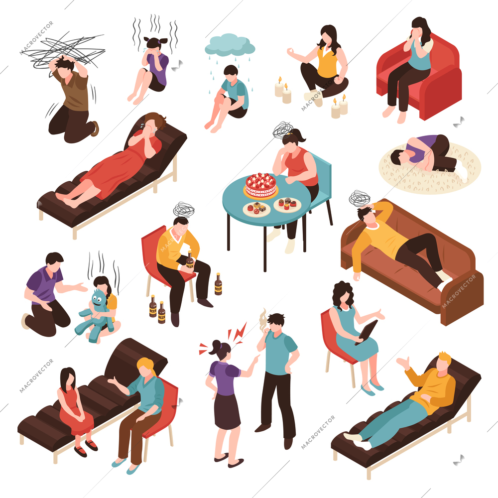 Depression isometric set with mood problems symbols isolated vector illustration