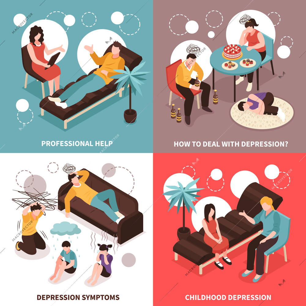 Depression concept icons set with childhood depression symbols isometric isolated vector illustration