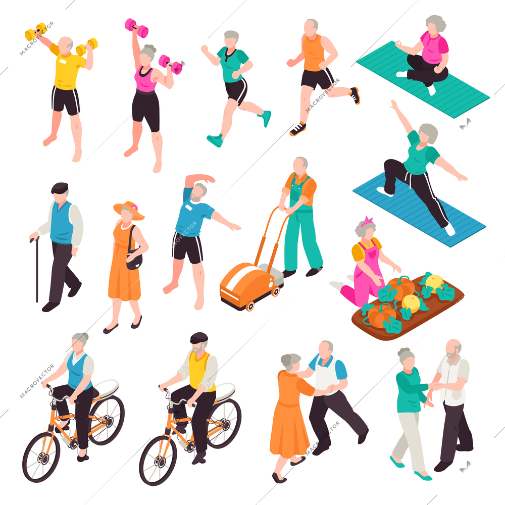 Active senior people set with sports and recreation symbols iaometric isolated vector illustration