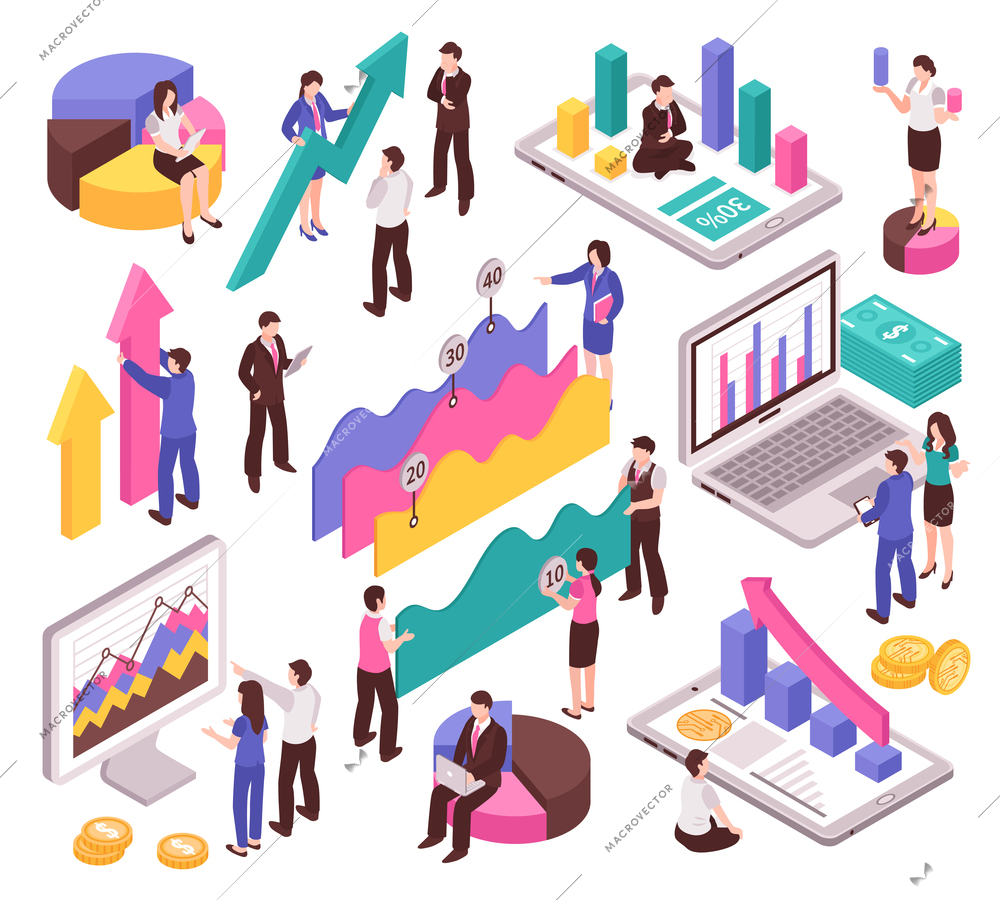 Business analyst set with diagrams and charts isometric isolated vector illustration