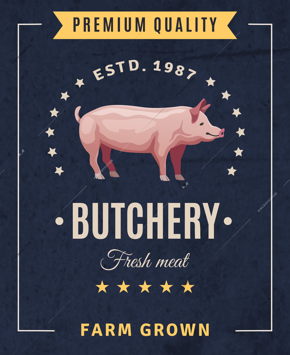 Butchery fresh meat vintage advertising  poster with pig and design elements on black background vector illustration