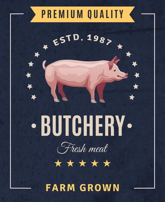 Butchery fresh meat vintage advertising  poster with pig and design elements on black background vector illustration