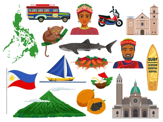 Philippines set of travel icons with animals landmarks traditional food and national costumes isolated vector illustration