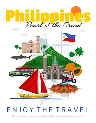Travel to philippines poster with national flag and landmarks historical buildings traditional food and transportation vector illustration
