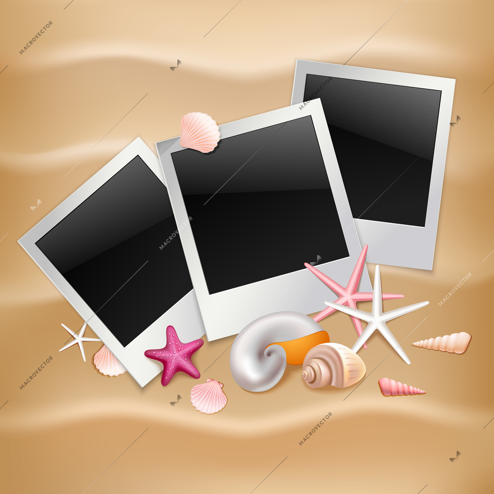 Photo frames instant picture black cards on summer beach background vector illustration.
