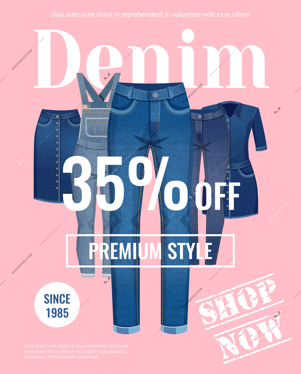 Sale with discount of denim clothing advertising poster on pale pink background flat vector illustration