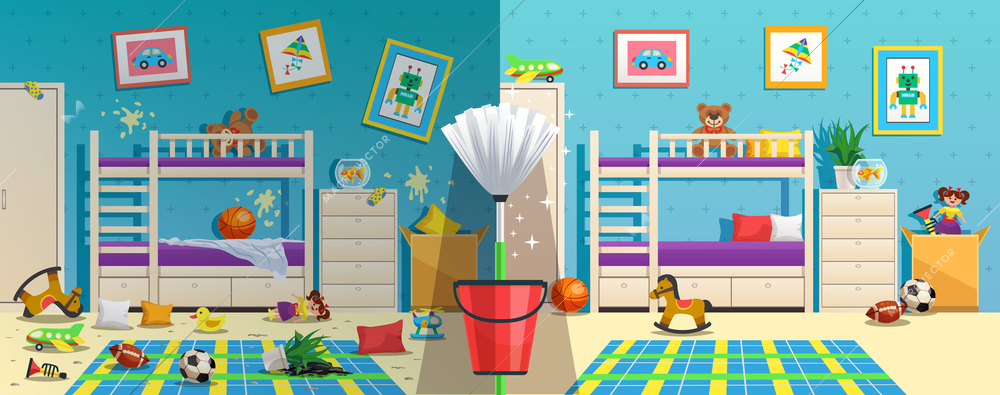 Messy children room with furniture and interior objects before and after cleaning flat vector illustration