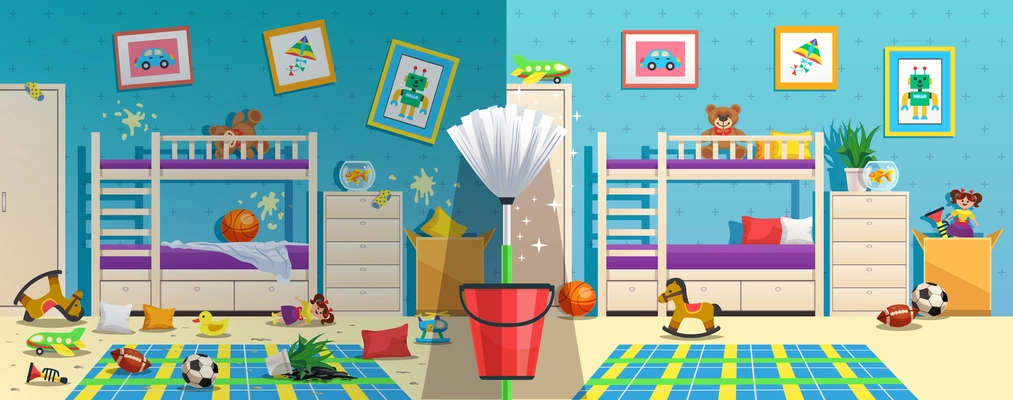 Messy children room with furniture and interior objects before and after cleaning flat vector illustration