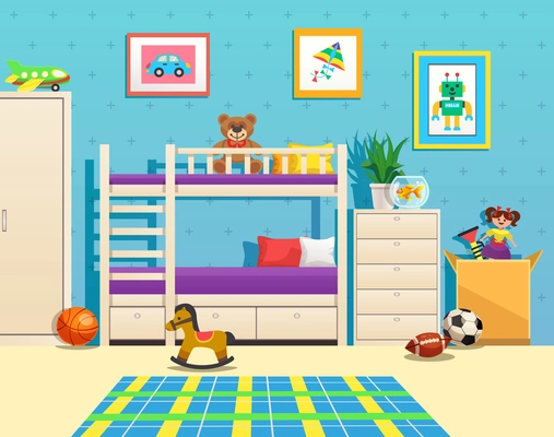 Tidy children room interior with bunk bed pictures on wall aquarium with fish and toys vector illustration