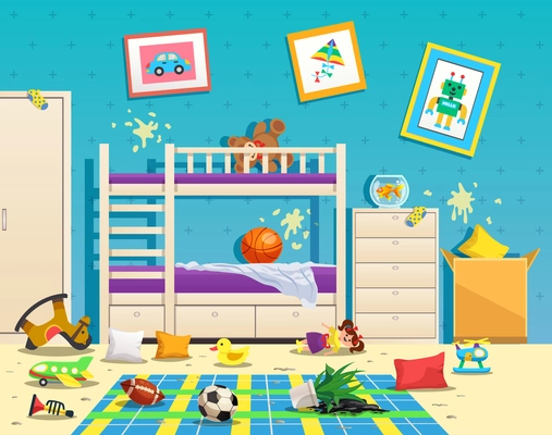 Messy children room interior with dirty stains on wall and scattered toys on floor flat vector illustration