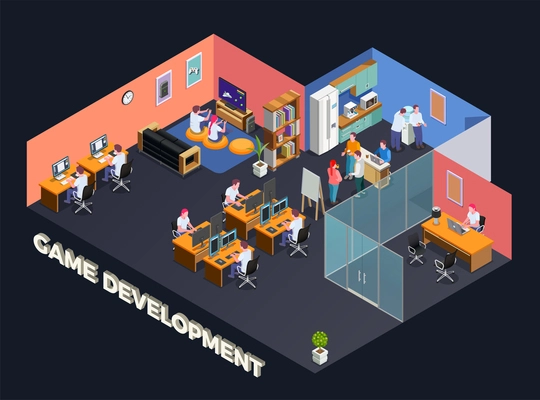Game development isometric composition with programmers and gamers sitting at their pc in office interior vector illustration
