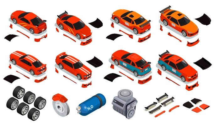 Car tuning isometric icons set of improving wheels rims tires nitrous oxide gas container unlocking engine body kit vector illustration