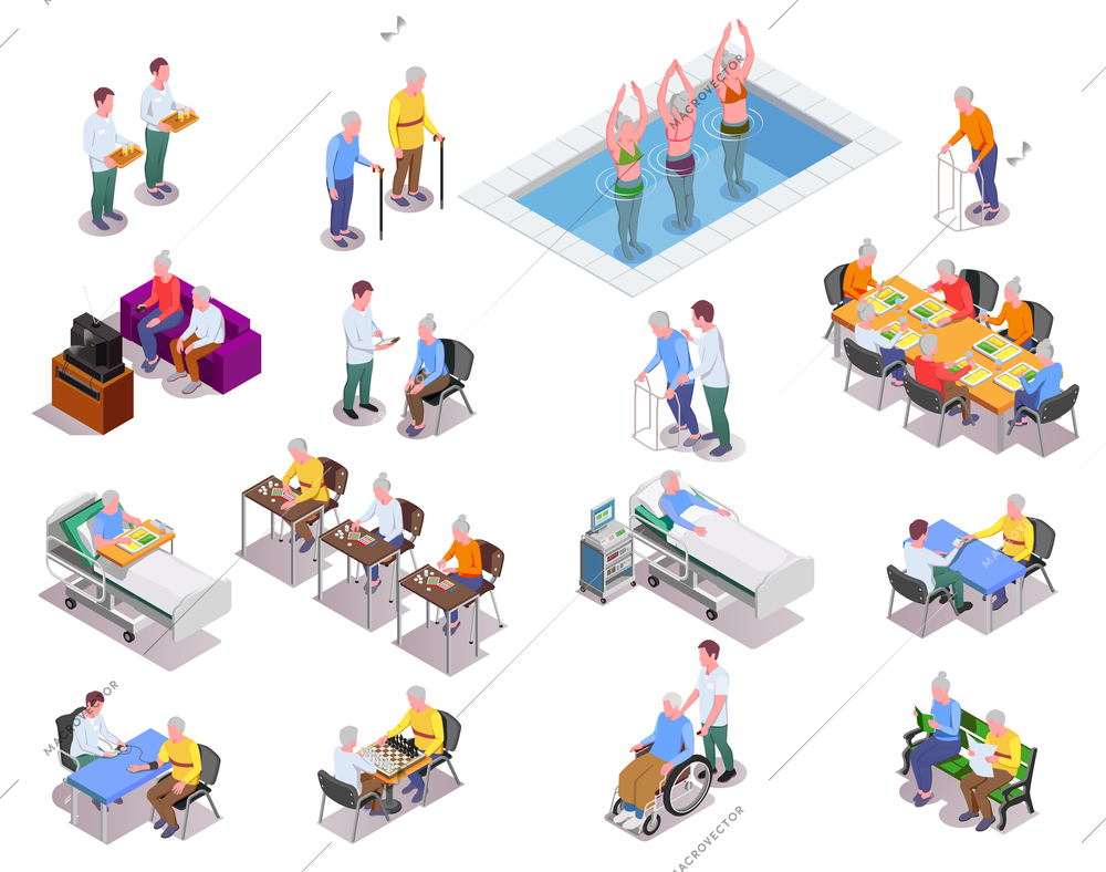 Nursing home isometric icons set with staff  monitoring patients and elderly people playing sport exercises or board games isolated vector illustration