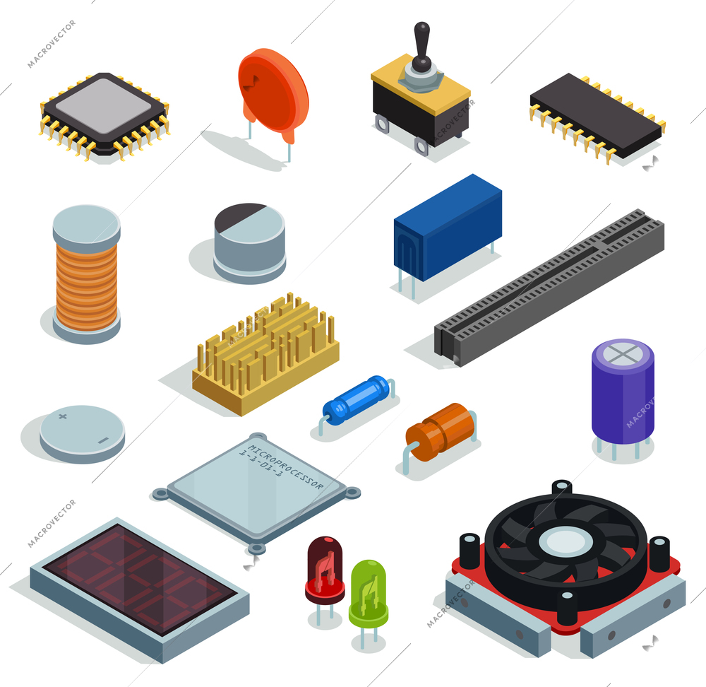 Semiconductor isometric set of microchip  microprocessor diode transistor capacitor resistor slot isolated elements vector illustration