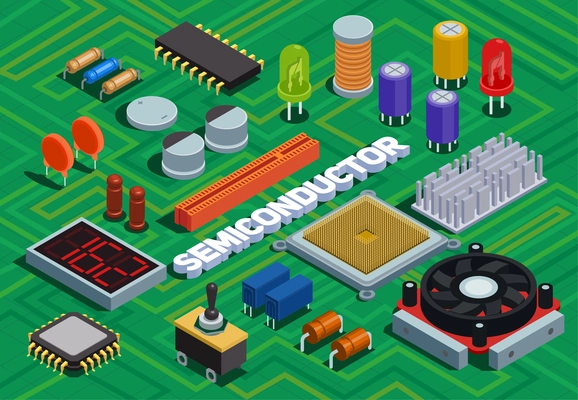 Semiconductor isometric background imitated printed circuit board with different electronic components of electric scheme vector illustration