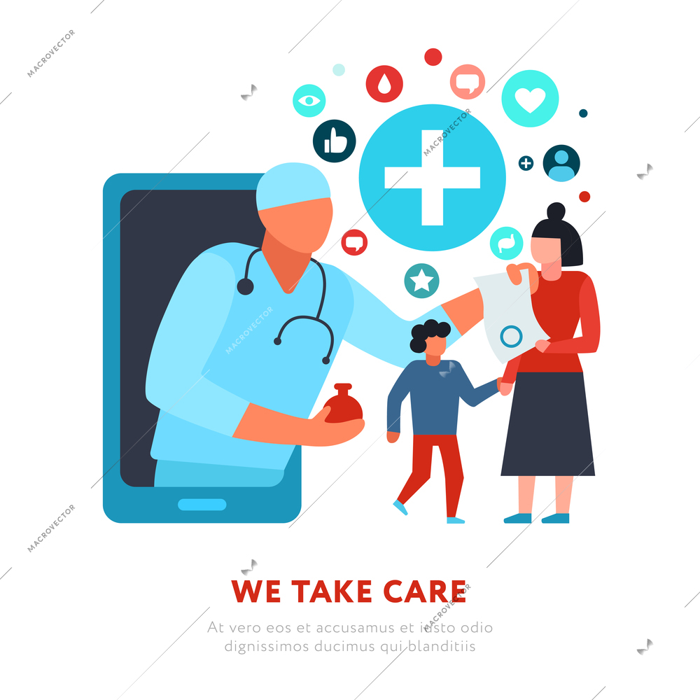 Digital medicine family doctor woman with son during online consultation on white background flat vector illustration