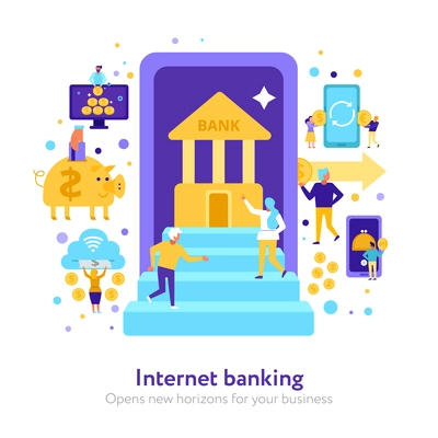 Internet banking composition with electronic finance operations on white background flat vector illustration