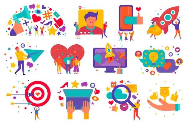 Digital marketing icons set with advertising media search of creative decisions start up support isolated vector illustration