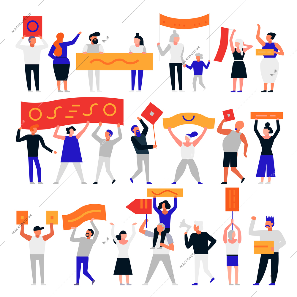 Set of protesting people with flags and placards isolated on white background flat vector illustration