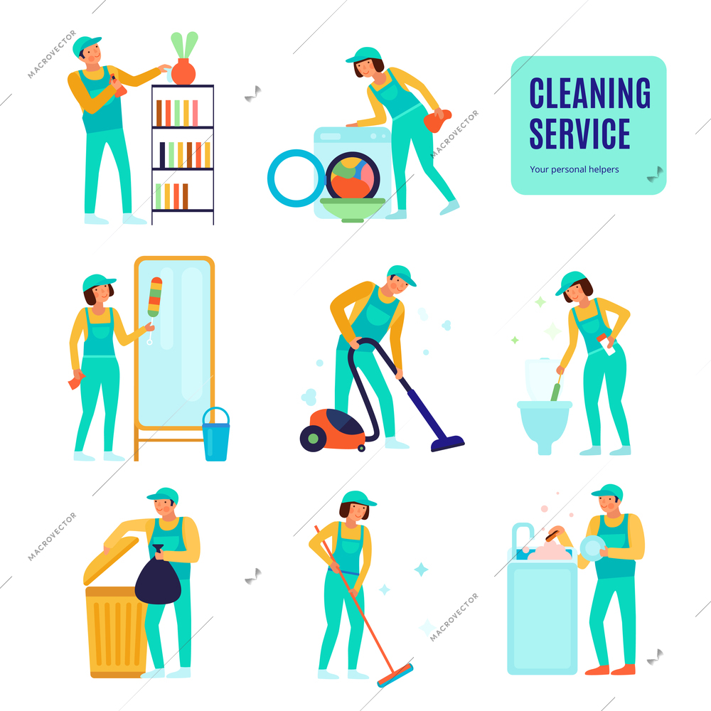 Staff of cleaning service during various domestic work set of flat icons isolated vector illustration