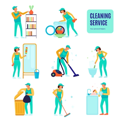 Staff of cleaning service during various domestic work set of flat icons isolated vector illustration