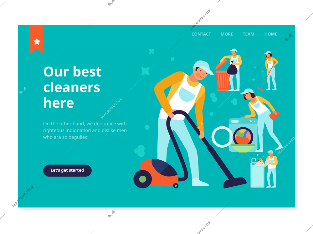 Staff of cleaning service during household works web banner on turquoise background flat vector illustration