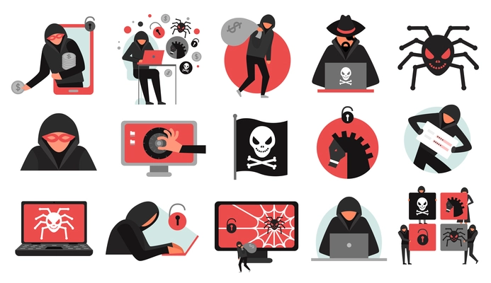 Hacker activity set of black red icons breaking of account malware and data stealing isolated vector illustration