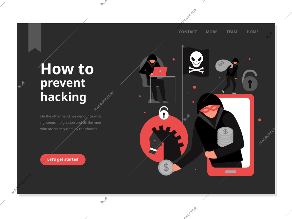 Protection from hacker attacks web page with menu on black background flat vector illustration